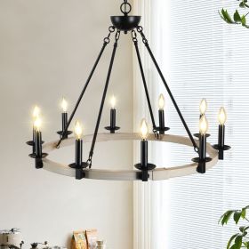 Rustic Farmhouse 10-Light Candle Chandelier, Black Metal and Wood Round Hanging Light Fixture for Dining Room, Kitchen, Living Room, Adjustable Height