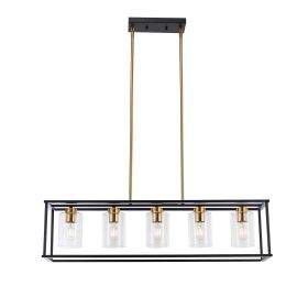 5-Lights Industrial Farmhouse Style Hanging Decorative Rectangle Pendant Lights, Black Antique Brass With Clear Glass Shade