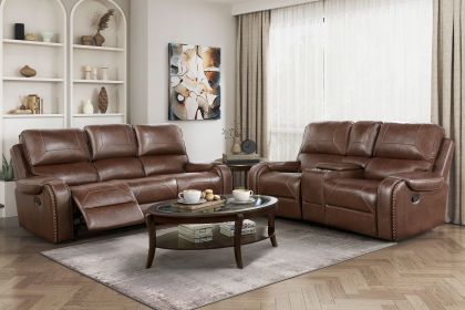 Comfortable Reclining Sofa 2pc Set Brown Faux Leather Upholstered Dual Reclining Sofa Loveseat Nailhead Trim, Power USB Ports, Cupholders